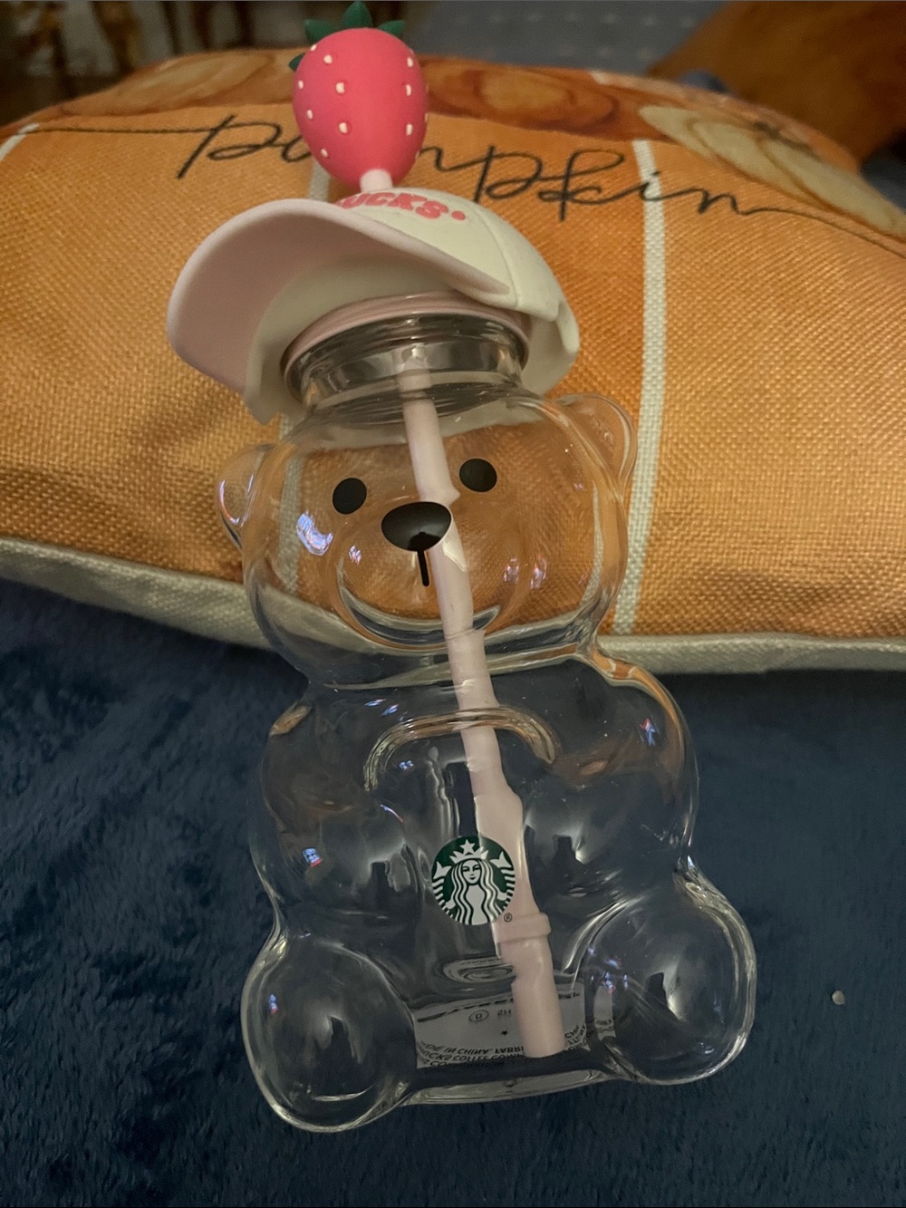 Starbucks Clear Bear Bottle with Pink Cap, Pink Straw and Strawberry Topper